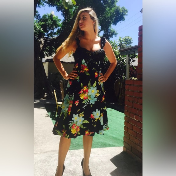 RICKIE FREEMAN for TERI JON Black Floral Print  Cotton Dress Black Lace 4 NWT - Picture 3 of 16